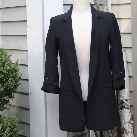 Zara Navy Blue Open Long Blazer w Rolled Up Button Tab Sleeves Sz SMALL - Picture 2 of 7